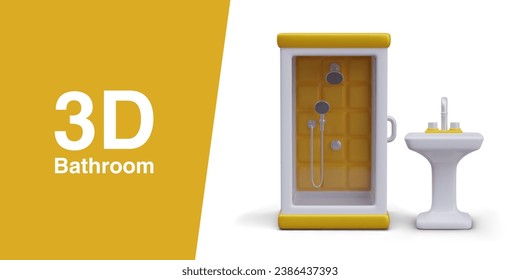 Poster with yellow and white background and text. Shower cabin with transparent glass door and washstand with yellow elements. Vector illustration in 3d style