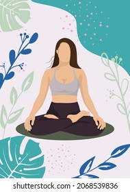 A poster for a yoga center with a girl in a lotus pose in the style of FaceLess. Against the background of plants