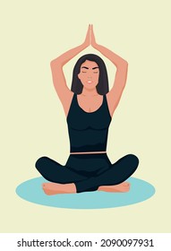 A poster for a yoga center with a girl in a lotus pose. Young beautiful woman practicing yoga in lotus pose, vertical vector illustration.
