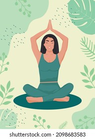 A poster for a yoga center with a girl in a lotus pose. Young beautiful woman practicing yoga in lotus pose, vertical vector illustration.