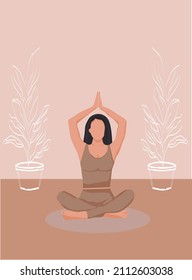 A poster for a yoga center with a girl in a lotus pose. Young beautiful woman practicing yoga in lotus pose, vertical vector illustration.