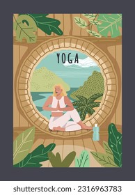 Poster with yoga character. Relaxed girl demonstrates pose and hands namaste. Body care and health concept. Woman sitting in asana with tropical exotic landscape. Cartoon flat vector illustration