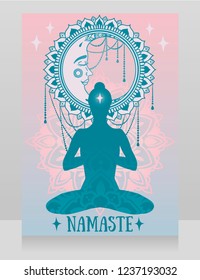 Poster for yoga studio with fantasy moon and stars, tender sunrise background, vector illustration