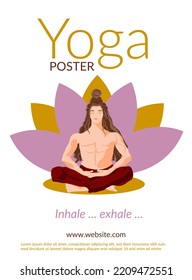 Afiche Para El Estudio De Yoga. Cartel del vector de yoga. Dosis De Meditación. Yoga Asana Lotus. Lord Shiva En Lotus. Ilustración de símbolo de yoga. Tarjeta de Relajación del Budismo Hindú. Buddha Pose
