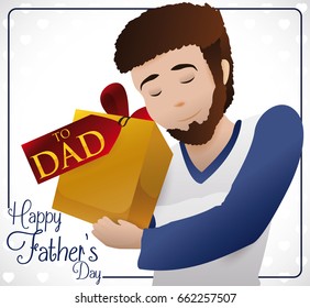 Poster with young bearded dad holding his special gift to celebrate Father's Day.