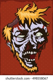 Poster with young blond haired zombie face with beard in pop art style.