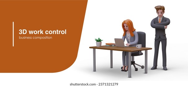 Poster with young business people working in office. Director in office clothes controlling work of female. 3d business people concept. Vector illustration
