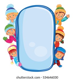 Poster with young children in warm clothes.