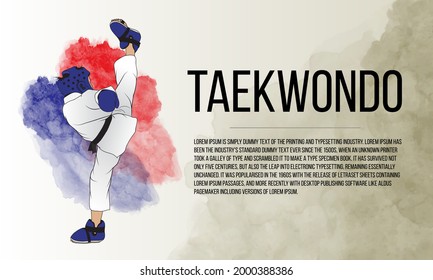 Poster, A Young Fighter Shows His Skills In Taekwondo. Watercolor Background