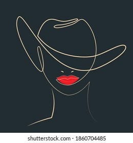 Poster with young lady in wide brimmed hat. One line drawing style. Vector, illustration.