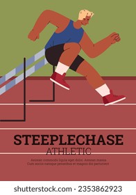 Afiche con un joven sobre el estilo atlético esteplechase, ilustración vectorial. Un niño emocional corriendo y saltando, diseño decorativo con texto, deporte y competencia