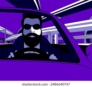 Afiche con un joven con barba y gafas conduciendo un coche con el telón de fondo de un paso elevado de la autopista. Dibujo en el estilo del minimalismo. Vida moderna de la ciudad y Ilustración vectorial futurista.