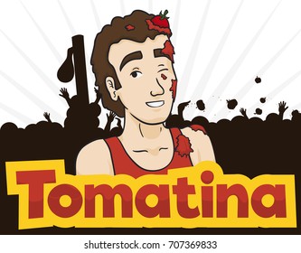 Poster with young man covered with splattered tomatoes with a multitude celebrating Tomatina Festival.