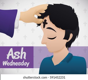 Poster With Young Man Receiving The Ash Cross From The Priest On Ash Wednesday Celebration.