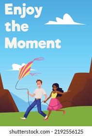 Poster with young smiling boy and girl running with kite flat style, vector illustration. Landscape, enjoy the moment text, happy couple of lovers holding hands
