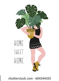 Poster with young woman cultivating home tropical plants and text - 'Home sweet home'.. Hand drawn illustration in scandinavian style. Vector design.