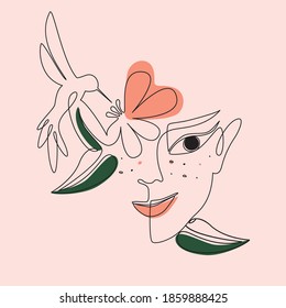 Poster with young woman flower and hummingbird. One line drawing style. Vector, illustration.