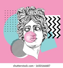 Poster in a Zine Culture style. Apollo Plaster head statue with a pink bubble gum. Humor poster, t-shirt composition, hand drawn style print. Vector illustration.