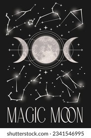 Poster with zodiac constellations, stars, triple moon. Wicca moon triple goddess symbol. Astrology, alchemy, boho, magic symbols. Mystery concept. Monochrome detailed illustration.