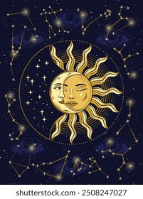 Pôster com constelações zodiacais, eclipse solar com lua crescente. Olho de providência atrás no fundo. Ilustração astrológica mística em estilo vintage.