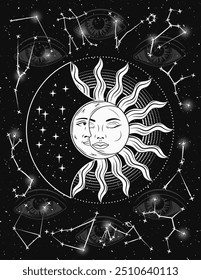 Pôster com constelações zodiacais, eclipse solar com lua crescente. Olho de providência atrás no fundo. Ilustração astrológica mística em estilo vintage.