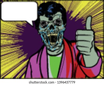 Poster with Zombie male in Pop Art Design, Vector Illustration. Halloween monster Party banner or invitation, empty speech bubble. Comic Book style retro vintage artwork