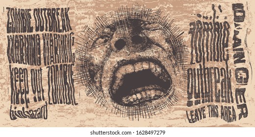 Poster Zombie Outbreak with screaming head, hand-written fonts, glitch words Zombie Outbreak Leave This Area and textures. vector illustration. 