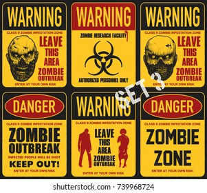 Poster zombie outbreak. Sign board with zombie, words Zombie Outbreak Leave This Area. Vector illustration
