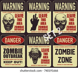 Poster zombie outbreak. Sign board with zombie, words Zombie Outbreak Leave This Area. Vector set. Vector illustration