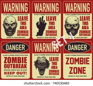 Poster zombie outbreak. Sign board with zombie, words Zombie Outbreak Leave This Area. Vector illustration