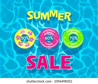 Poster-banner of the summer sale of 50%, 60%, 70%. Texture of water in the pool and beach inflatable circles. flat vector illustration