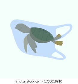 Poster,banner,card. Hand drawn vector flat illustation.Turtle in a plastic bag.Stop ocean pollution concept.