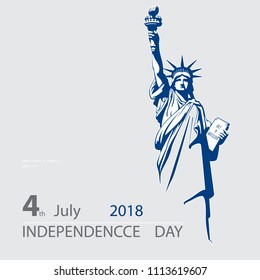 Poster.Blue Linear Picture. Independence Day, USA. Statue of Liberty, book.2018. National Symbol of America.Illustration,gray background.Use presentations,corporate reports,text, flag,postcards,vector