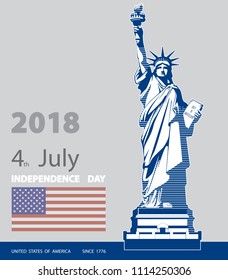 Poster.Blue Linear Picture. Independence Day, USA. Statue of Liberty, book.2018. National Symbol of America.Illustration,gray background.Use presentations,corporate reports,text, flag,postcards,vector