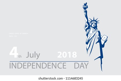 Poster.Blue Linear Picture. Independence Day, USA. Statue of Liberty, book.2018. National Symbol of America.Illustration,gray background.Use presentations,corporate reports,text, flag,postcards,vector