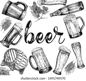 Poster/card composition of hand drawn sketch style beer related objects isolated on white background. Vector illustration.