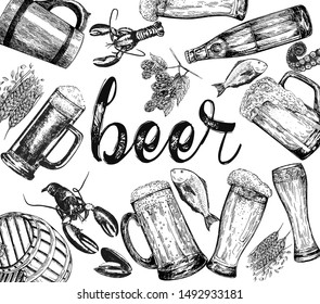 Poster/card composition of hand drawn sketch style beer related objects isolated on white background. Vector illustration.