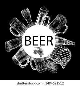 Poster/card composition of hand drawn sketch style beer related objects isolated on black background. Vector illustration.