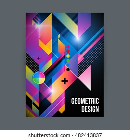 Poster/cover design template with shiny geometric shapes on black background.