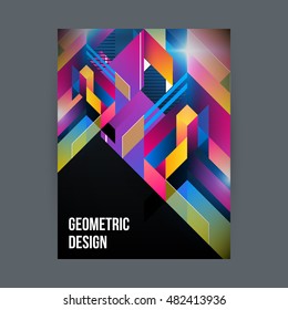 Poster/cover design template with shiny geometric shapes on black background.
