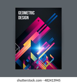 Poster/cover design template with shiny geometric shapes on black background.