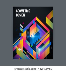 Poster/cover design template with shiny geometric shapes on black background.