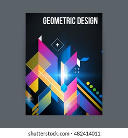 Poster/cover design template with shiny geometric shapes on black background.
