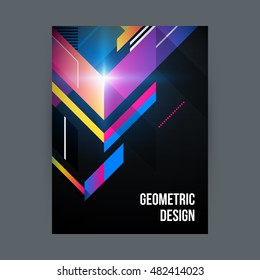 Poster/cover design template with shiny geometric shapes on black background.
