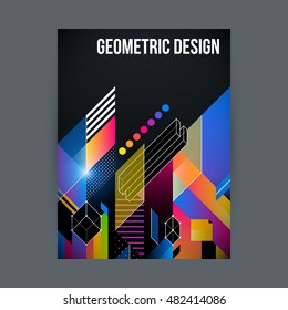 Poster/cover design template with shiny geometric shapes on black background.