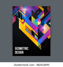 Poster/cover design template with shiny geometric shapes on black background.