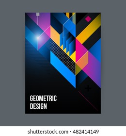 Poster/cover design template with shiny geometric shapes on black background.
