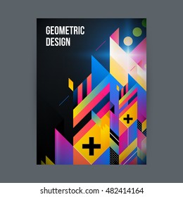 Poster/cover design template with shiny geometric shapes on black background.
