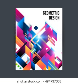 Poster/cover design template with shiny geometric shapes on white background.