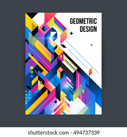 Poster/cover design template with shiny geometric shapes on white background.